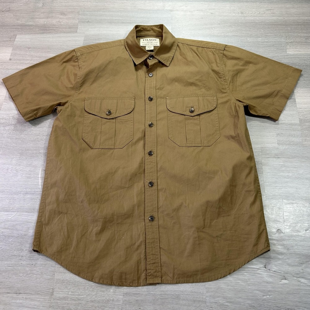 Filson Shirt Mens Small Brown Solid Short Sleeve Button Up Pockets Casual
